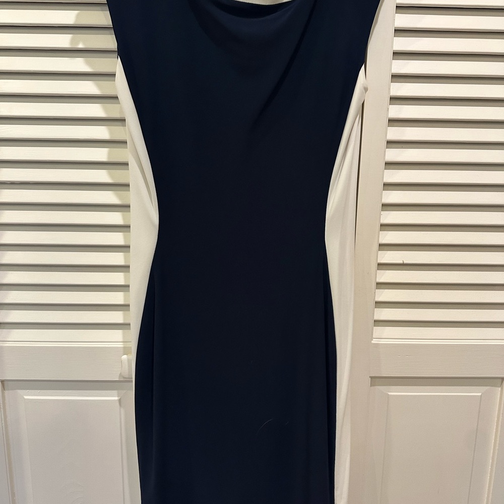 Ralph Lauren Blue and White Ribbed Sheath Midi Dress